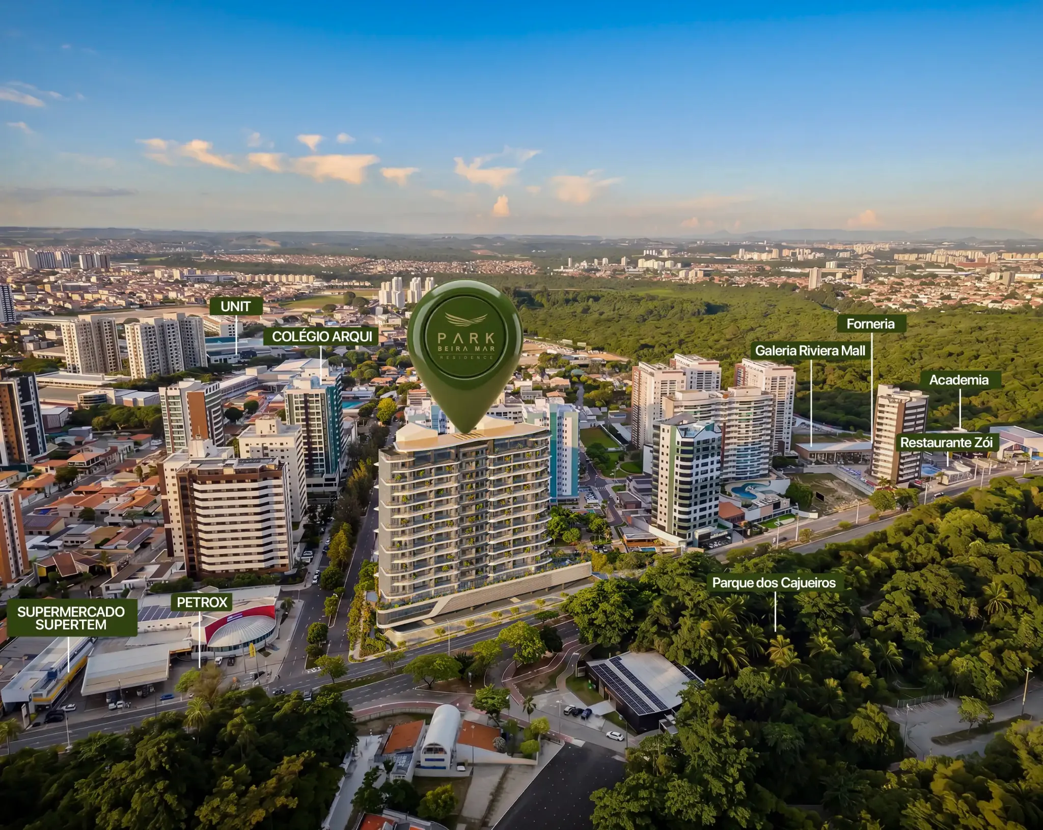Mapa aéreo da localização do Park Beira Mar e pontos do entorno